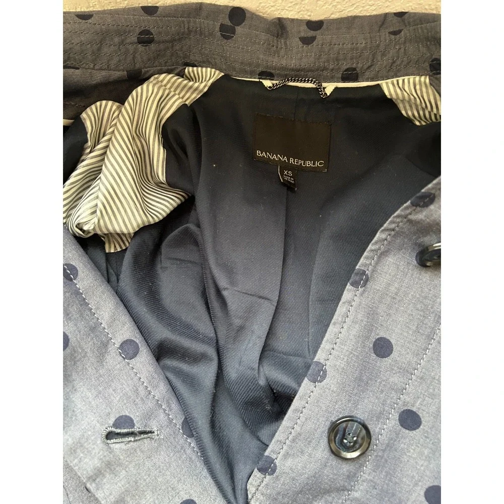 Banana Republic Polka Dot Trench Coat Water Resistant Belt Button Blue XS EUC - Picture 10 of 10